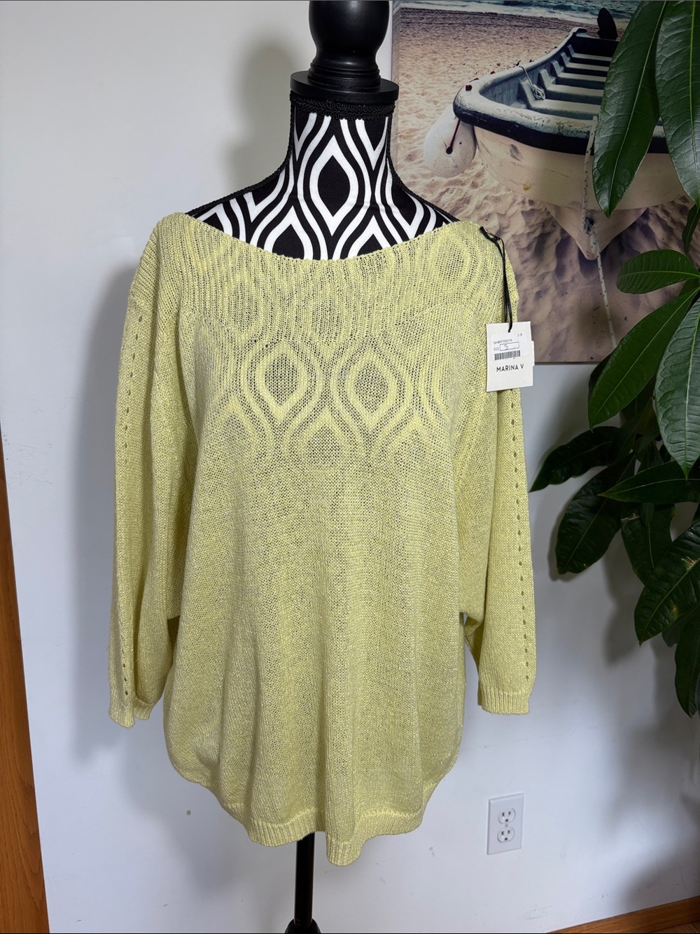 NWT MARINA V PARIS Lightweight Lemon Yellow and Silver Knit Women's Sweater
